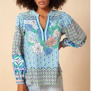 Hale Bob Martina Cotton Voile Top Puff Sleeves Blue Color Small